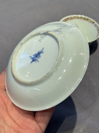 A Chinese famille verte 'erotic' cup and saucer, lingzhi mark, Kangxi