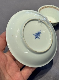 A Chinese famille verte 'erotic' cup and saucer, lingzhi mark, Kangxi