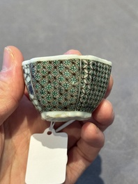 Two small Chinese famille verte handled cups with 'prunus on cracked ice' and 'shou' design, Kangxi