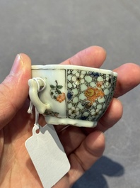 Two small Chinese famille verte handled cups with 'prunus on cracked ice' and 'shou' design, Kangxi