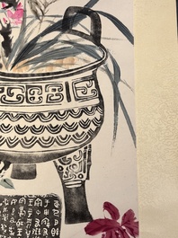 Wang Xuetao 王雪濤 (1903-1982): 'Ritual vessels and flowers', ink and colour on paper