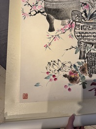 Wang Xuetao 王雪濤 (1903-1982): 'Ritual vessels and flowers', ink and colour on paper
