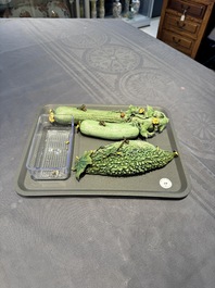 Two Chinese polychrome groups of cucumbers and bitter melons with insects, 19/20th C.