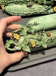 Two Chinese polychrome groups of cucumbers and bitter melons with insects, 19/20th C.
