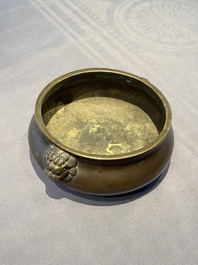 A Chinese bronze censer with lion-form handles, 大明宣德五年監造工部官監吳邦佐造 mark, 18th C.