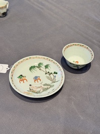 A Chinese famille verte 'erotic' cup and saucer, lingzhi mark, Kangxi