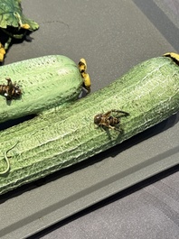 Two Chinese polychrome groups of cucumbers and bitter melons with insects, 19/20th C.