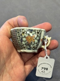 Two small Chinese famille verte handled cups with 'prunus on cracked ice' and 'shou' design, Kangxi