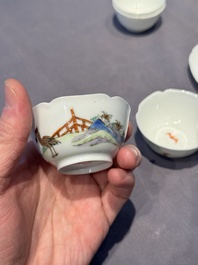 A pair of Chinese eggshell white-glazed cups and saucers, and two famille rose cups, 18th C.
