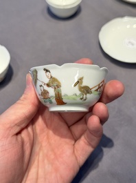 A pair of Chinese eggshell white-glazed cups and saucers, and two famille rose cups, 18th C.