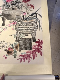 Wang Xuetao 王雪濤 (1903-1982): 'Ritual vessels and flowers', ink and colour on paper