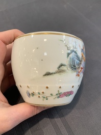 A Chinese famille rose covered jar, a 'playing boys' bowl and a 'poem' cup, Jiaqing mark, 19th C.