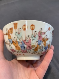 A Chinese famille rose covered jar, a 'playing boys' bowl and a 'poem' cup, Jiaqing mark, 19th C.