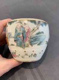 A Chinese famille rose covered jar, a 'playing boys' bowl and a 'poem' cup, Jiaqing mark, 19th C.