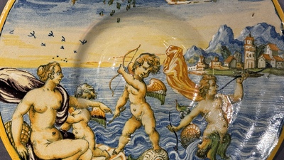 A large Italian maiolica 'Triumph of Galatea' dish, Fontana workshop, Urbino, ca. 1560-1570