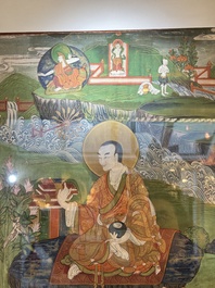 A Tibetan thangka with a seated Luohan, 18/19th C.