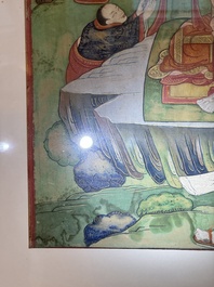A Tibetan thangka with a seated Luohan, 18/19th C.