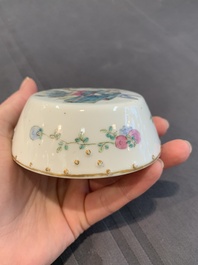 A Chinese famille rose covered jar, a 'playing boys' bowl and a 'poem' cup, Jiaqing mark, 19th C.