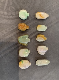A large collection of 60 Chinese jadeite snuff bottles, 20th C.