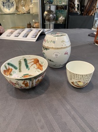 A Chinese famille rose covered jar, a 'playing boys' bowl and a 'poem' cup, Jiaqing mark, 19th C.