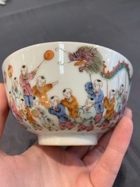 A Chinese famille rose covered jar, a 'playing boys' bowl and a 'poem' cup, Jiaqing mark, 19th C.