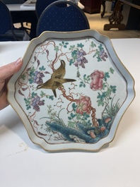 A fine Chinese flower-shaped famille rose 'magpies and flowers' tray, 19th C.