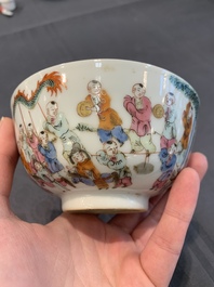 A Chinese famille rose covered jar, a 'playing boys' bowl and a 'poem' cup, Jiaqing mark, 19th C.