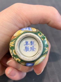 A collection of ten Chinese Canton enamel and porcelain snuff bottles, Qianlong mark, 19/20th C.
