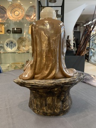 A Chinese brown- and caf&eacute;-au-lait-glazed Luohan, Zeng Longsheng 曾龍升 mark, 20th C.