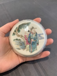 A Chinese famille rose covered jar, a 'playing boys' bowl and a 'poem' cup, Jiaqing mark, 19th C.