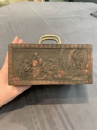 A Chinese lacquered hardwood jewellery box with a collection of 17 jade wares, 18/19th C.
