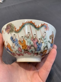 A Chinese famille rose covered jar, a 'playing boys' bowl and a 'poem' cup, Jiaqing mark, 19th C.
