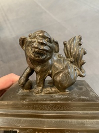 A large Vietnamese copper- and silver-inlaid rectangular 'Buddhist lion' censer and cover on stand, 19th C.