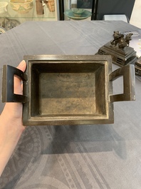 A large Vietnamese copper- and silver-inlaid rectangular 'Buddhist lion' censer and cover on stand, 19th C.