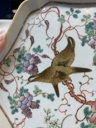 A fine Chinese flower-shaped famille rose 'magpies and flowers' tray, 19th C.