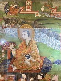 A Tibetan thangka with a seated Luohan, 18/19th C.
