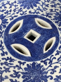 A Chinese blue and white hexagonal 'lotus scroll' garden seat, Qianlong/Jiaqing