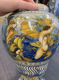 A rare polychrome Nevers earthenware baluster vase with tritons and satyrs, 2nd half 17th C.