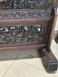 A Chinese wooden table screen with an embroidered silk with turtle design, 19th C.