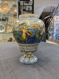 A rare polychrome Nevers earthenware baluster vase with tritons and satyrs, 2nd half 17th C.
