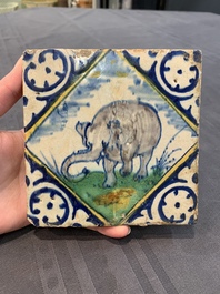 A polychrome Dutch Delft maiolica 'elephant' diamond tile, late 16th C.