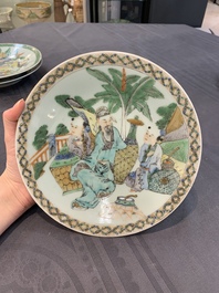 Six Chinese Canton famille verte plates with figural design, 19th C.