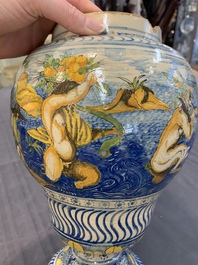 A rare polychrome Nevers earthenware baluster vase with tritons and satyrs, 2nd half 17th C.