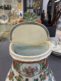 A Chinese famille verte fountain and basin with birds among flowering branches, Kangxi