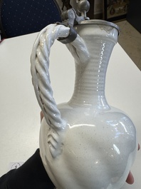 A pewter-mounted white Dutch Delftware jug, 17th C.