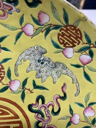 A Chinese famille rose yellow-ground 'bats and peaches' plate, Tongzhi mark and of the period
