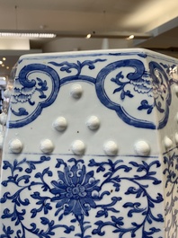 A Chinese blue and white hexagonal 'lotus scroll' garden seat, Qianlong/Jiaqing
