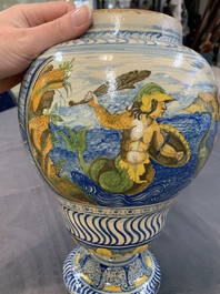 A rare polychrome Nevers earthenware baluster vase with tritons and satyrs, 2nd half 17th C.