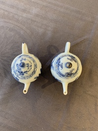 Eight Chinese blue and white cups, 14 saucers and four teapots, Kangxi/Qianlong
