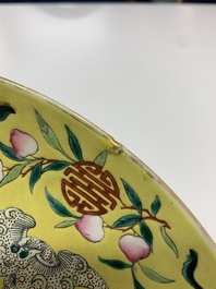 A Chinese famille rose yellow-ground 'bats and peaches' plate, Tongzhi mark and of the period
